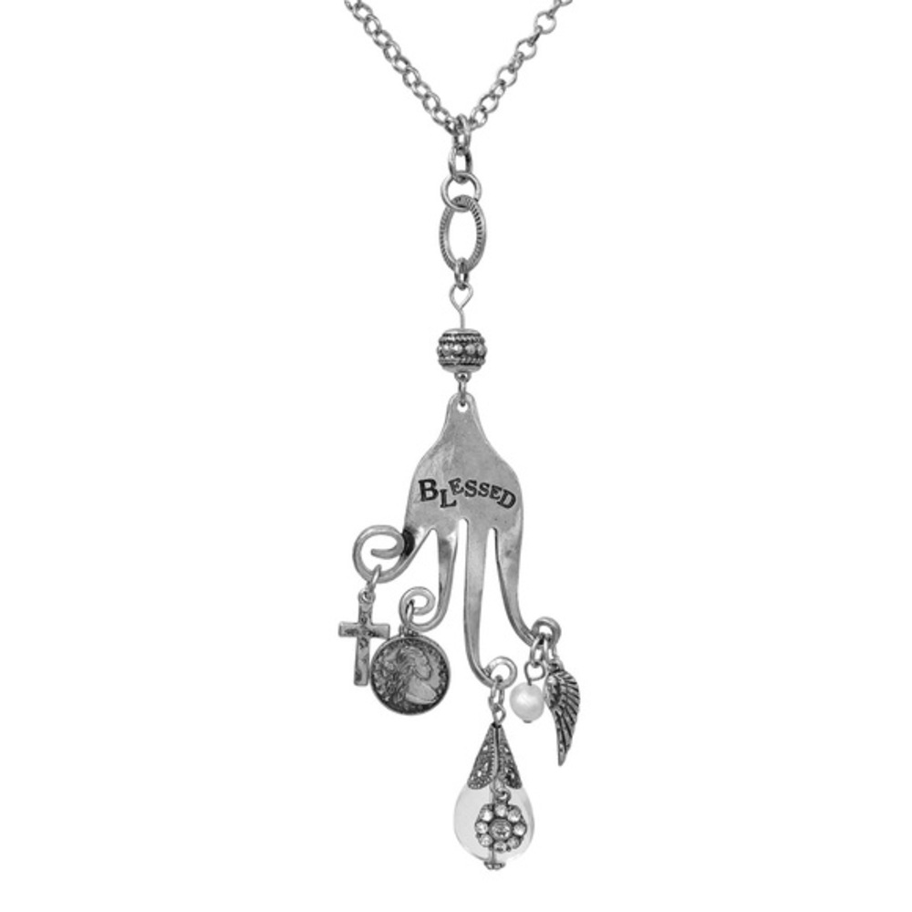 BLESSED Bent Fork Cross Charm Long Silver Necklace